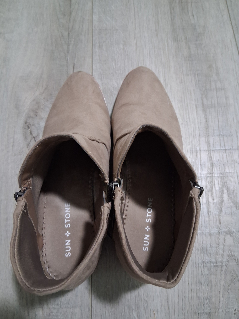 Sun + Stone Taupe Suede Pointed Toe Ankle Booties